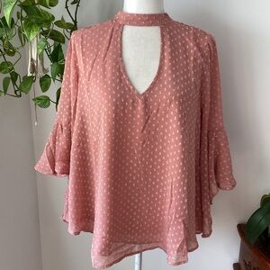 NWT Band of Gypsies Bell Sleeve French Dot Tie Neck Pink Blouse Top Small